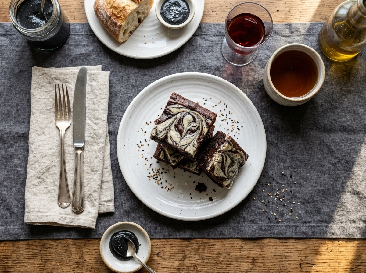 Two black sesame swirl brownies on a ceramic plate next to a cup of hojicha tea on a wooden table