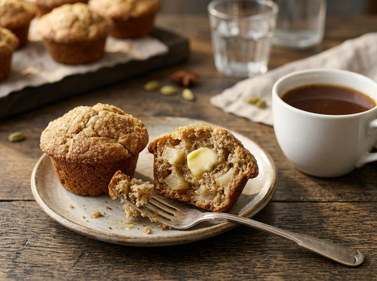 Two spiced pear muffins on a ceramic plate with a cup of chai and melting butter in morning light