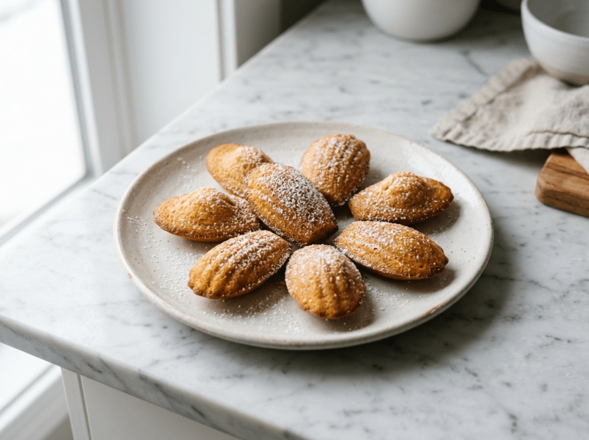 Golden brown butter madeleines with crisp shell edges dusted in powdered sugar on white marble