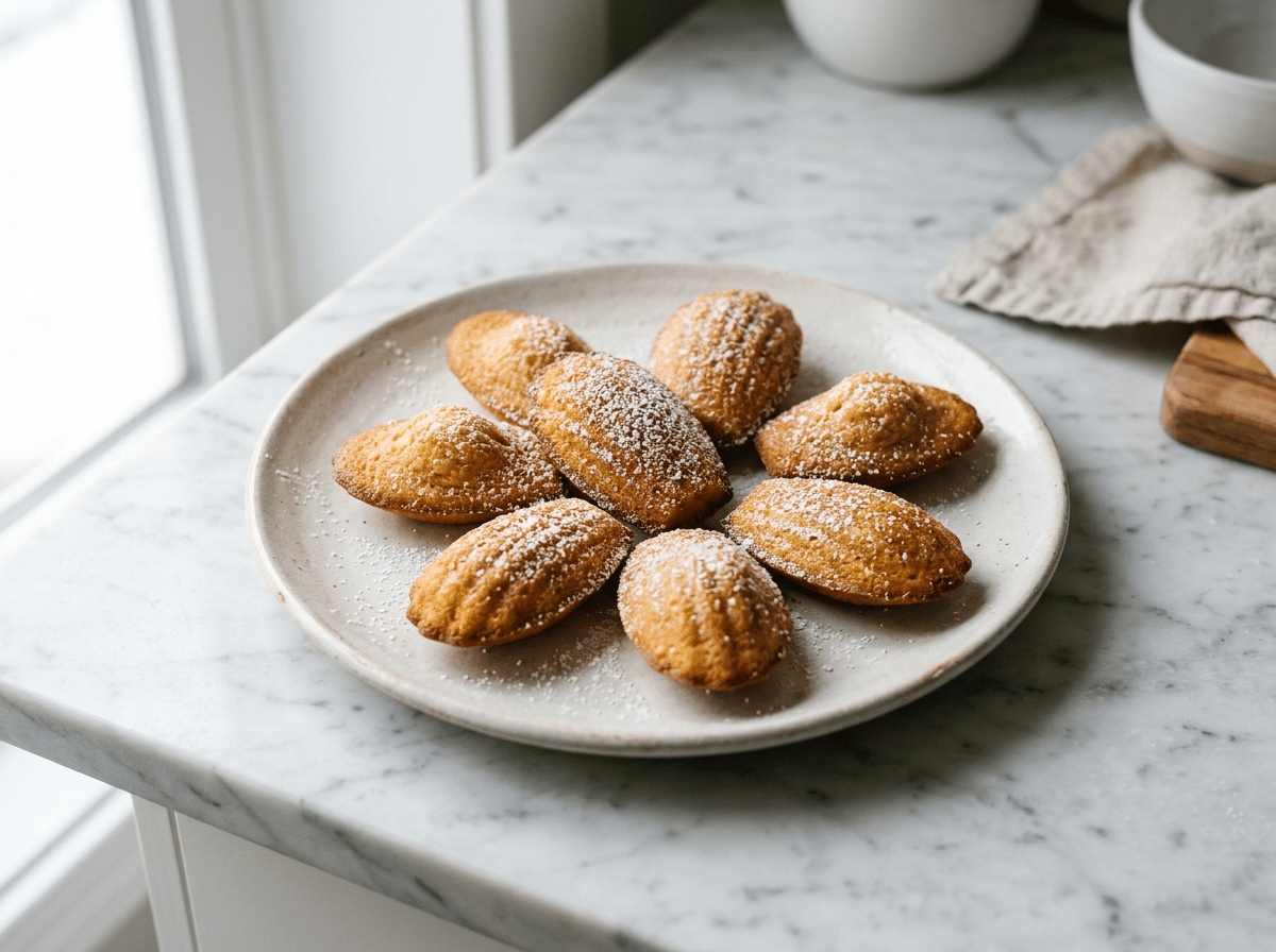 Golden brown butter madeleines with crisp shell edges dusted in powdered sugar on white marble