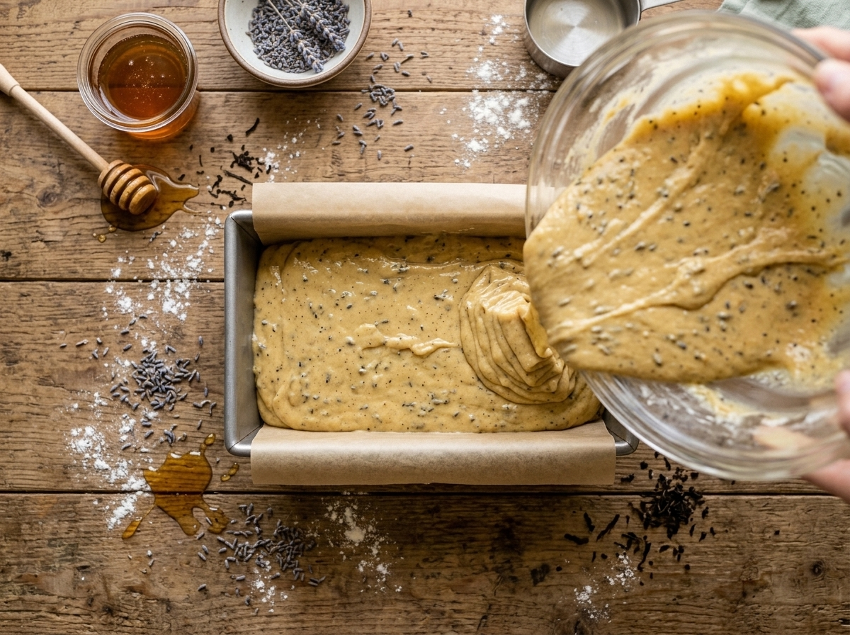 Pouring honey lavender loaf batter into a parchment-lined pan before baking