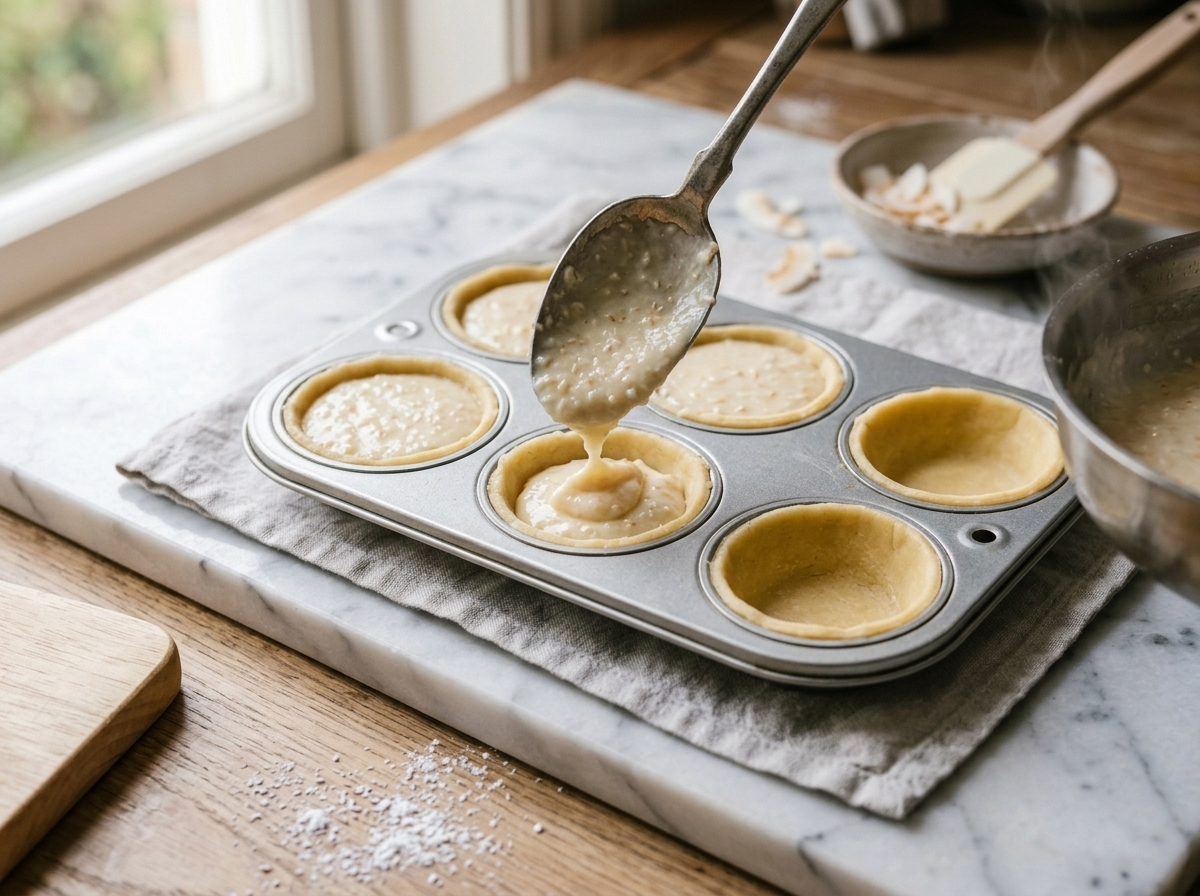 Spooning coconut condensed milk filling into unbaked shortcrust pastry shells in a muffin tin ready for the oven