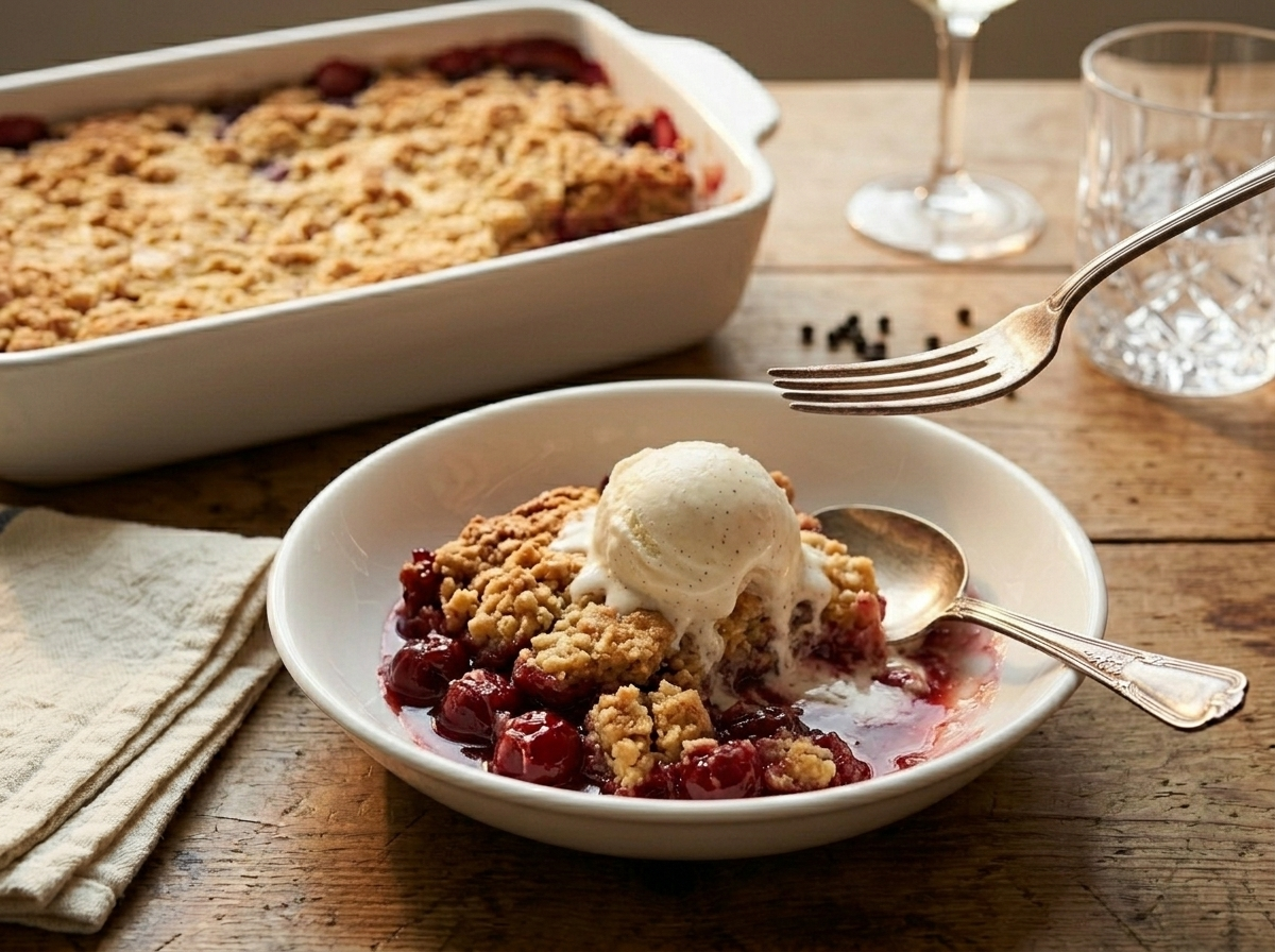 Bowl of warm cherry dump cake topped with melting vanilla ice cream and pooling cherry sauce on a wood table