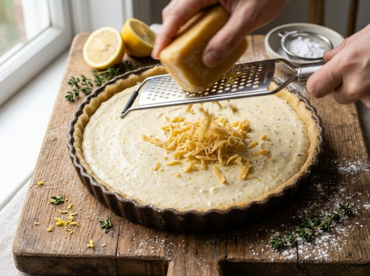 Hands grating frozen pastry dough over a ricotta-filled tart shell to create a crumb topping