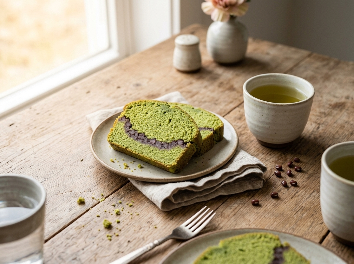 Two slices of matcha red bean loaf cake on a plate beside a cup of green tea on a linen napkin