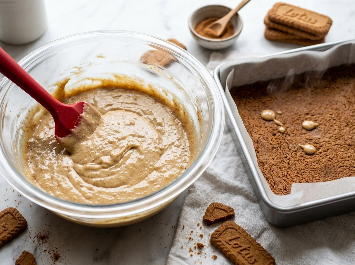 Folding speculoos spiced cake batter in a bowl beside a pre-baked Biscoff crumb crust in a lined baking pan
