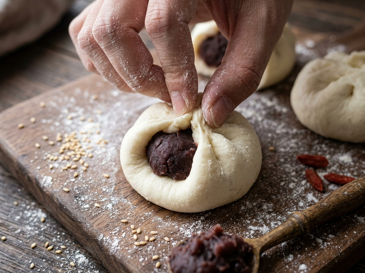 Hands folding and sealing white dough around a ball of sweet red bean paste on a floured wooden surface