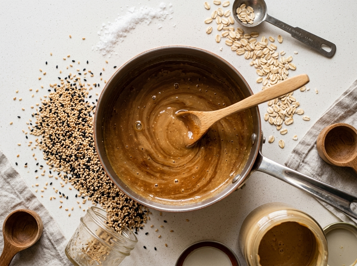 Date syrup and tahini melting together in a small saucepan on the stovetop, stirred with a wooden spoon until smooth