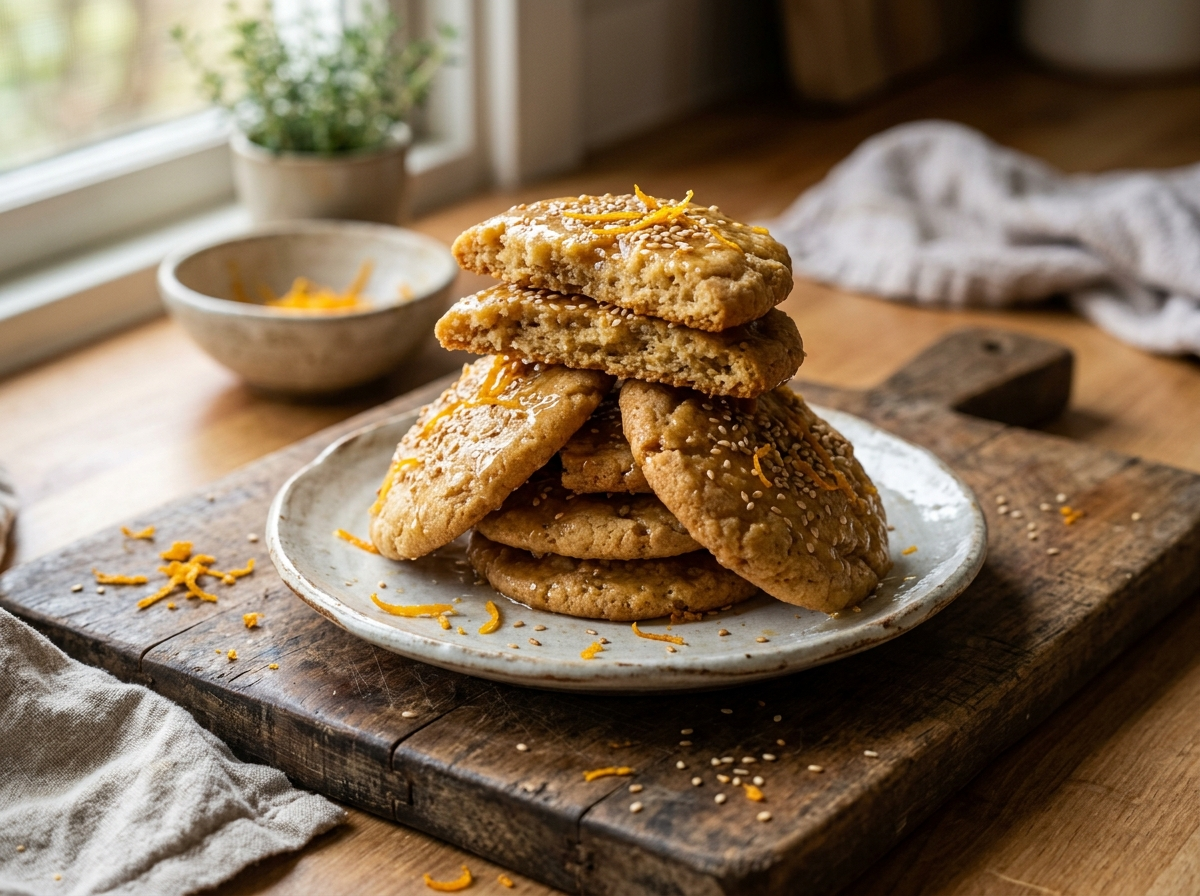 Stack of golden orange blossom honey cookies glazed with honey and topped with orange zest on a wooden board
