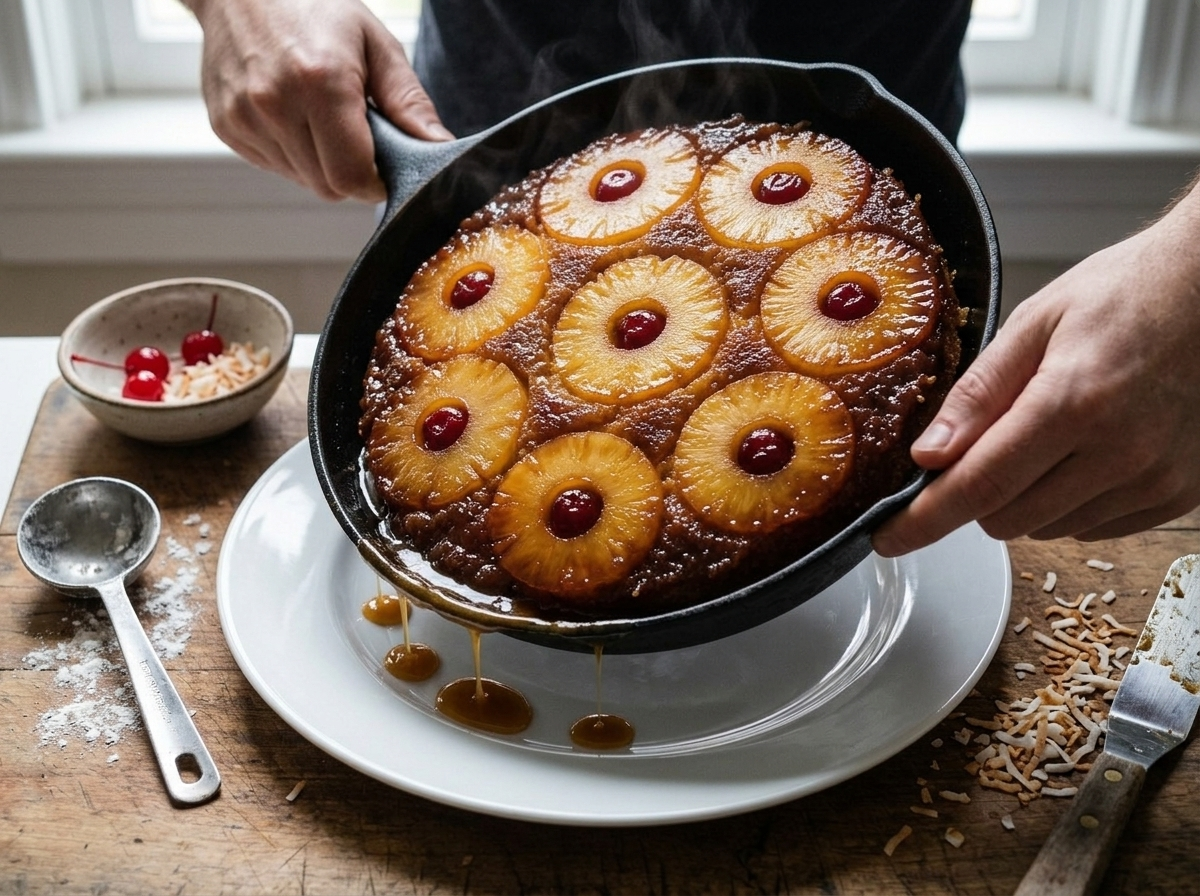 Hands flipping a warm pineapple coconut cake out of a cast iron skillet onto a white serving plate