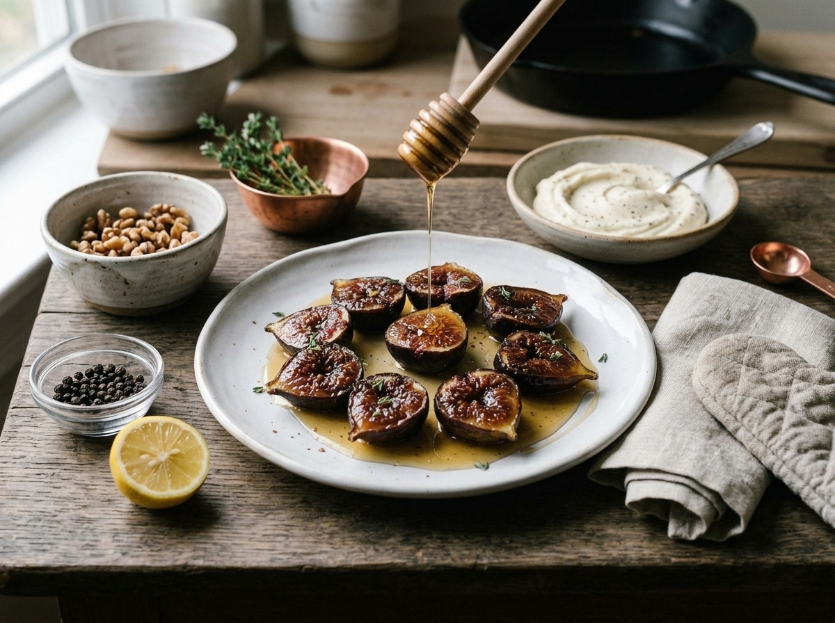 Fig halves in a baking dish drizzled with honey and tucked with thyme sprigs before going into the oven