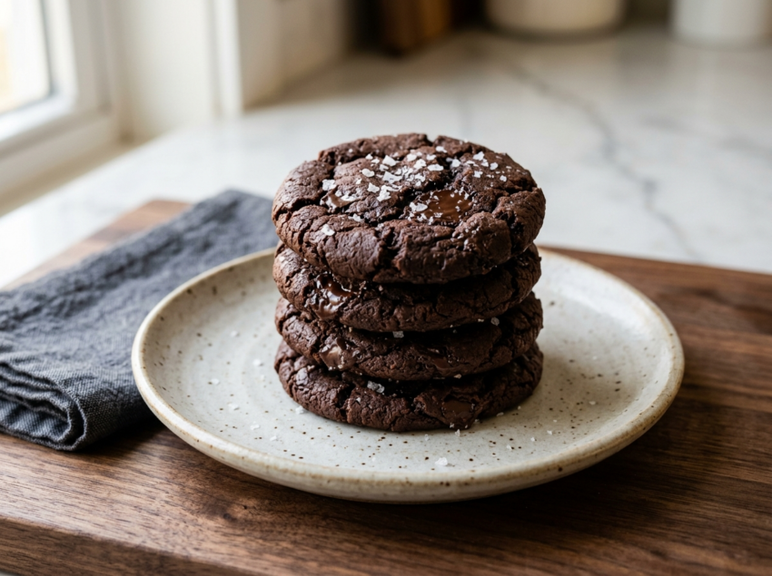 Stacked double chocolate rye cookies with cracked tops, melted chocolate chunks, and flaky sea salt on a wooden board