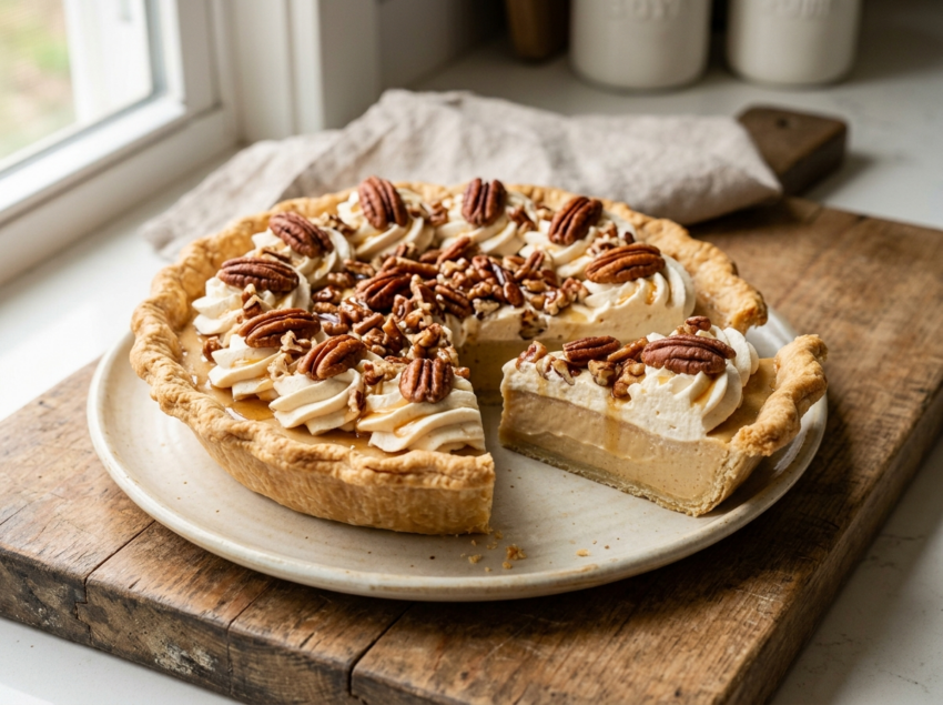 Maple pecan cream pie sliced open, revealing silky custard, whipped cream swirls, and toasted pecan halves on top