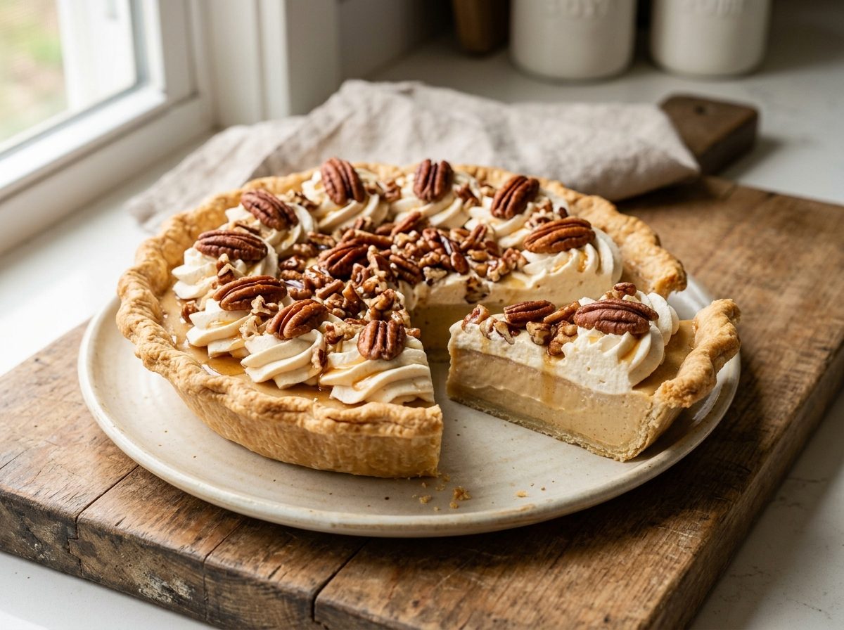 Maple pecan cream pie sliced open, revealing silky custard, whipped cream swirls, and toasted pecan halves on top