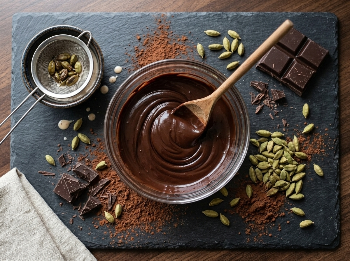 Stirring glossy dark chocolate ganache in a glass bowl beside a sieve draining steeped cardamom pods