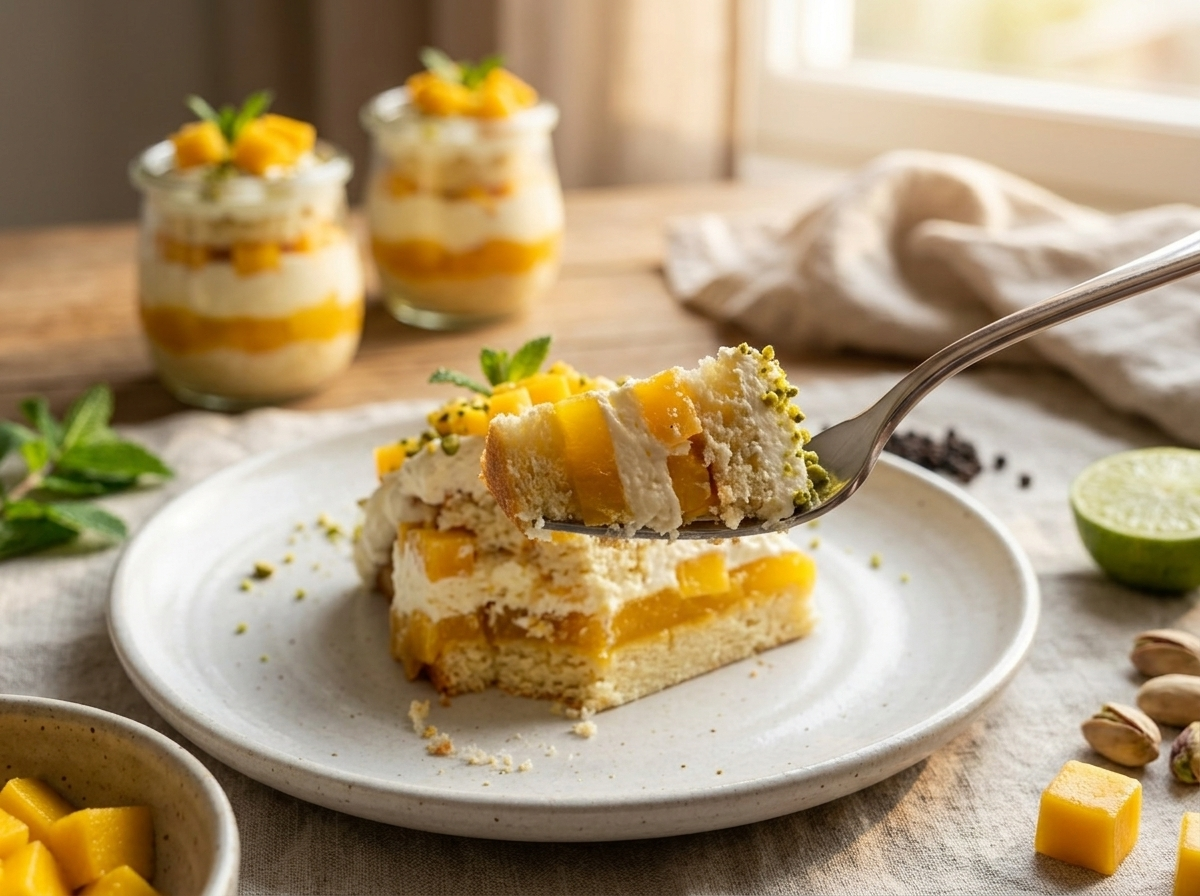 Two glass jars of mango cream sponge dessert on a wooden table with linen napkin and fresh mango cubes