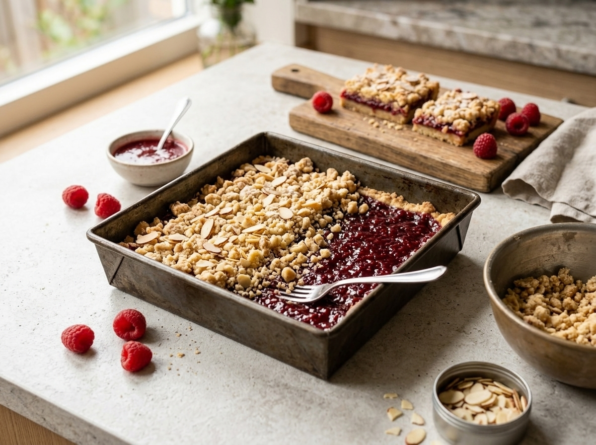 Hands scattering almond crumble topping over raspberry filling in a square baking pan before the final bake