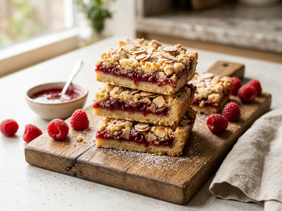 Stacked raspberry almond crumble bars with jammy filling and toasted sliced almonds on a wooden board