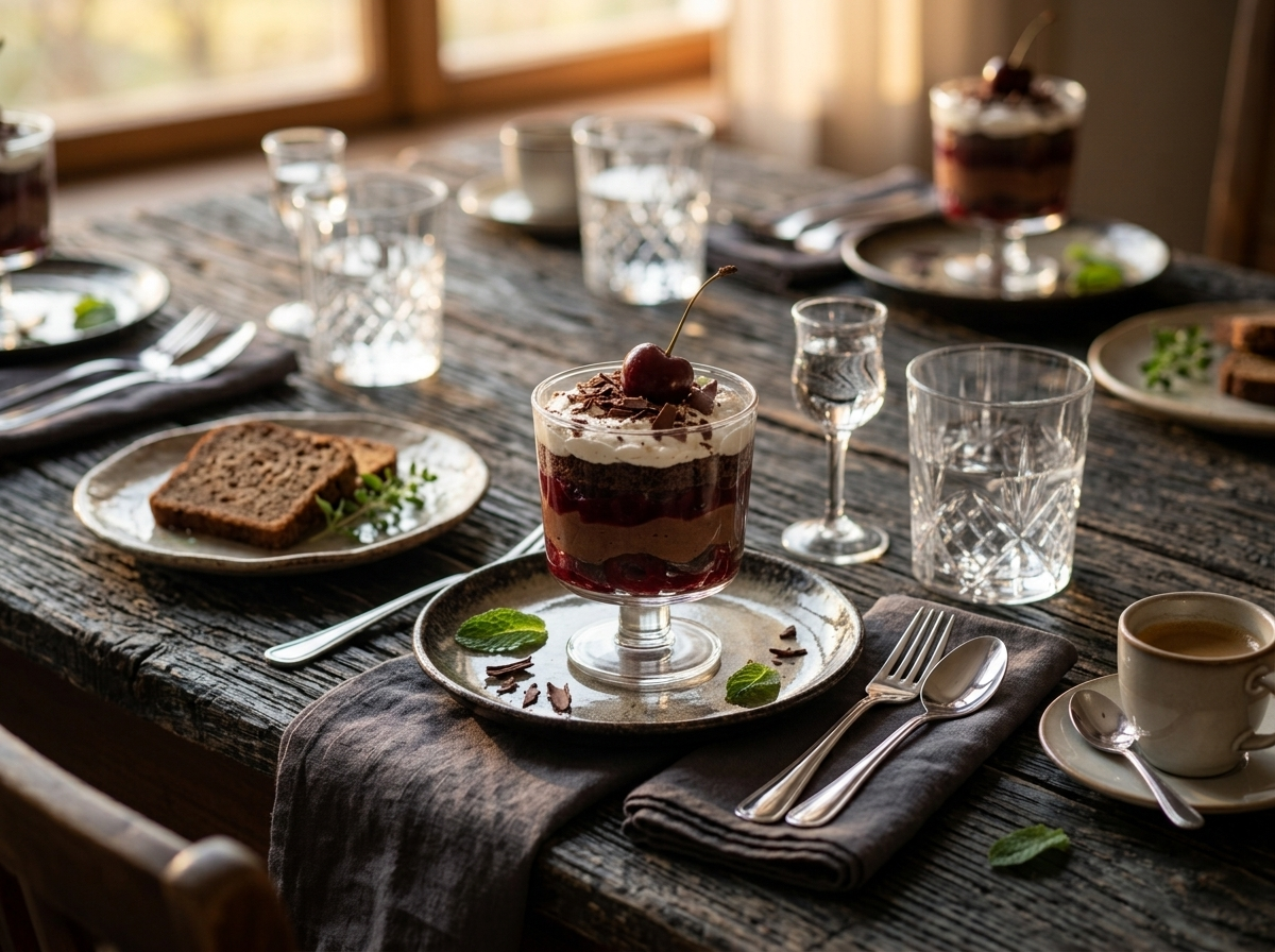 Black forest mousse cup topped with whipped cream and cherry, served on a linen napkin with espresso