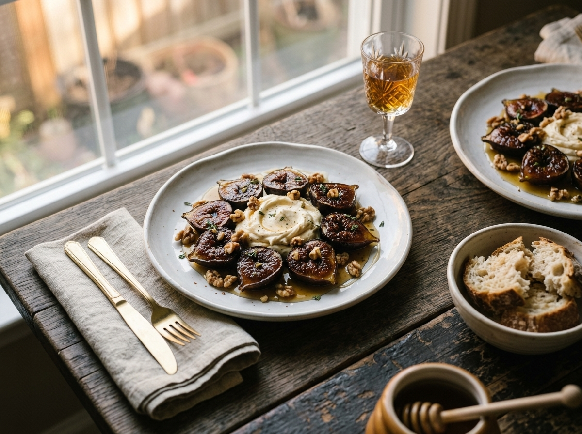 Two plates of baked figs with mascarpone served on a wooden table with a glass of dessert wine at golden hour