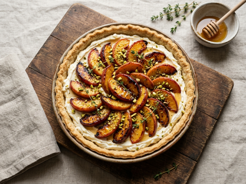 Roasted peach mascarpone tart on a wooden board with caramelized peach slices, pistachios, and fresh thyme on top