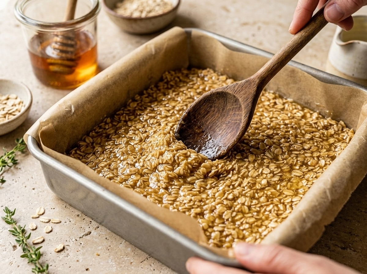 Wooden spoon pressing glossy golden syrup and oat mixture into a parchment-lined tin before baking