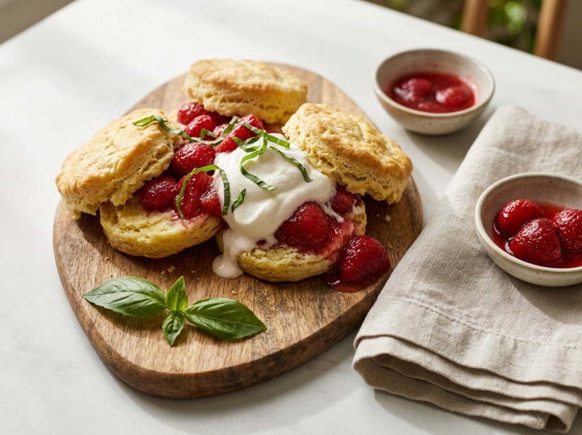 Split biscuit shortcakes topped with macerated strawberries, fresh basil ribbons, and whipped cream on a wooden board