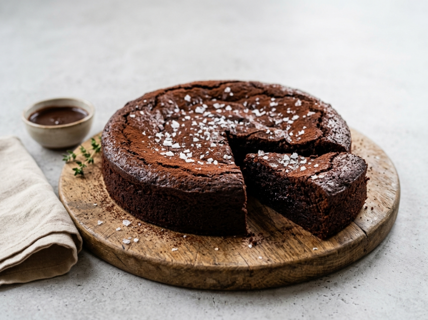 Whole dark chocolate olive oil cake on a wooden board with one slice cut, showing a fudgy crumb and flaky salt on top