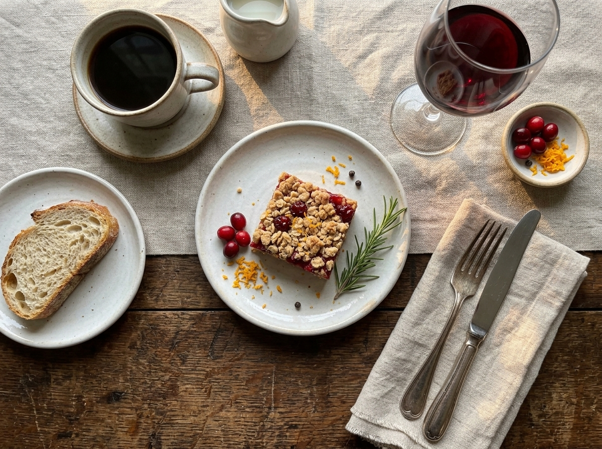 Cranberry orange oat bar plated with coffee cup and linen napkin on a wooden table in morning light