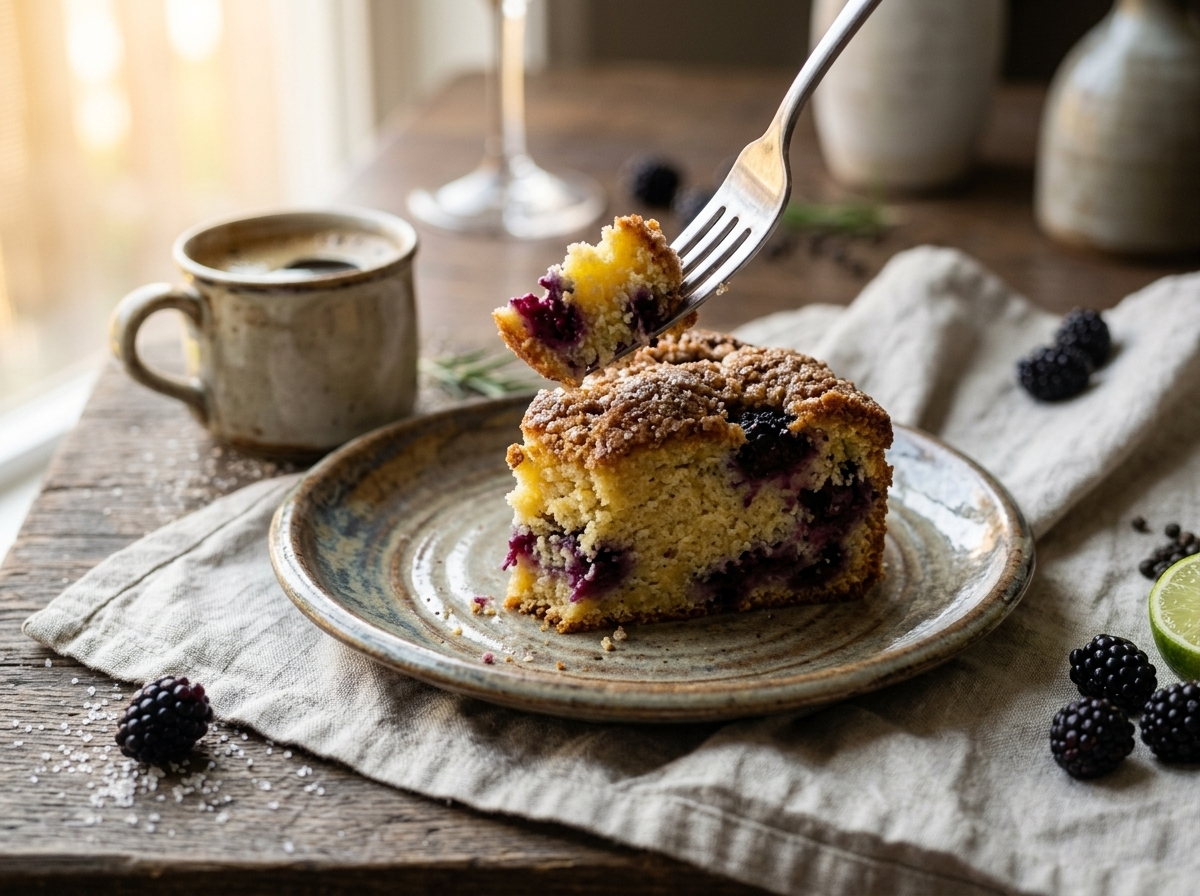 Slice of blackberry cornmeal cake on a plate with coffee and linen napkin, golden hour light on a wooden table