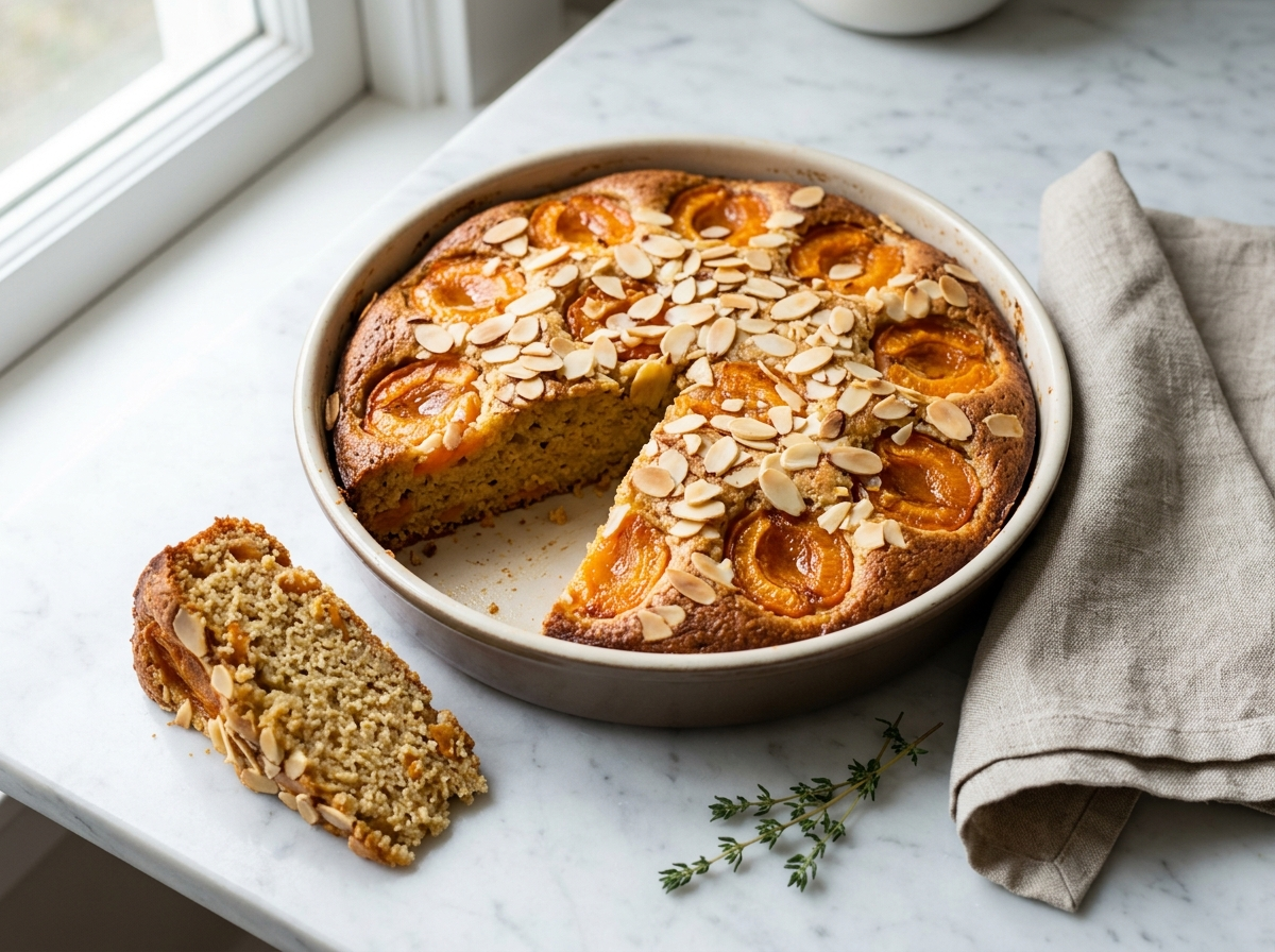 Sliced apricot ricotta cake on a marble board with golden apricot halves and toasted sliced almonds on top