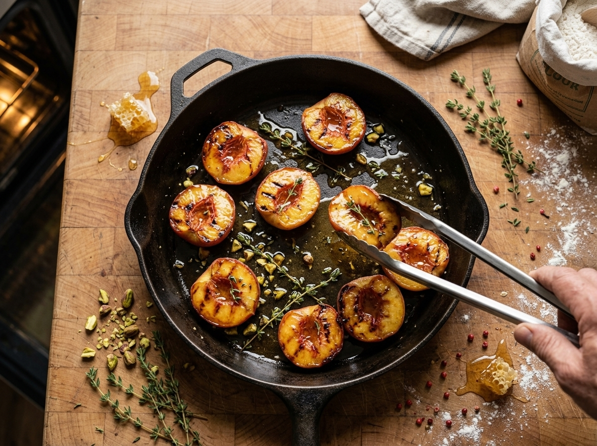 Roasted peach halves caramelizing on a sheet pan with honey and cinnamon juices pooling around the edges
