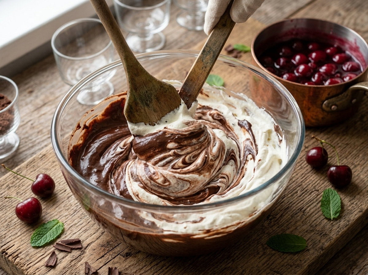 Hands folding melted chocolate ganache into whipped cream for black forest mousse cups in a glass bowl