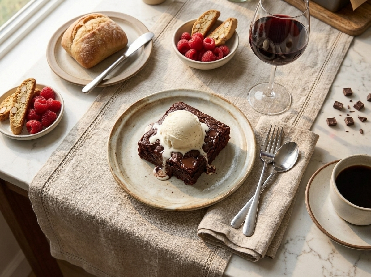 Warm square of molten chocolate snack cake plated with melting vanilla ice cream and a fork on a linen napkin