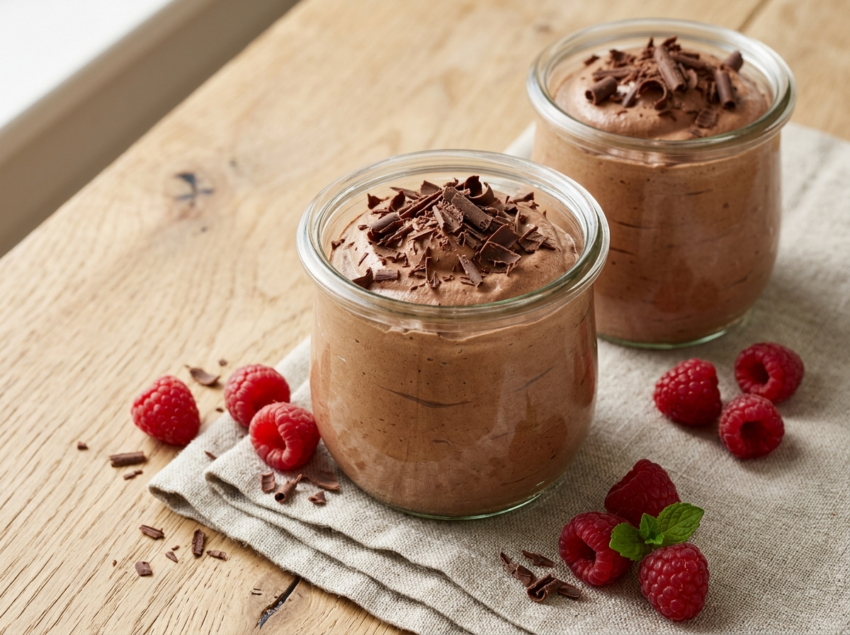Whipped chocolate ricotta mousse in glass jars topped with shaved dark chocolate and fresh raspberries on a wooden table