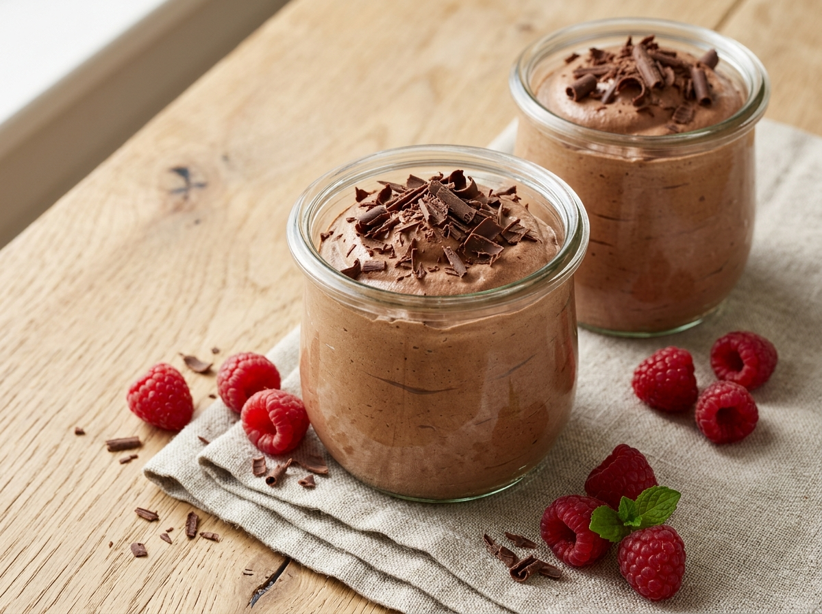 Whipped chocolate ricotta mousse in glass jars topped with shaved dark chocolate and fresh raspberries on a wooden table