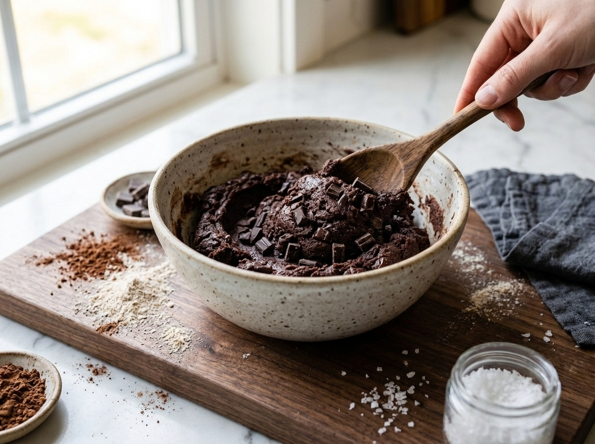 Chocolate cookie dough with rye flour and chopped dark chocolate being folded together in a mixing bowl