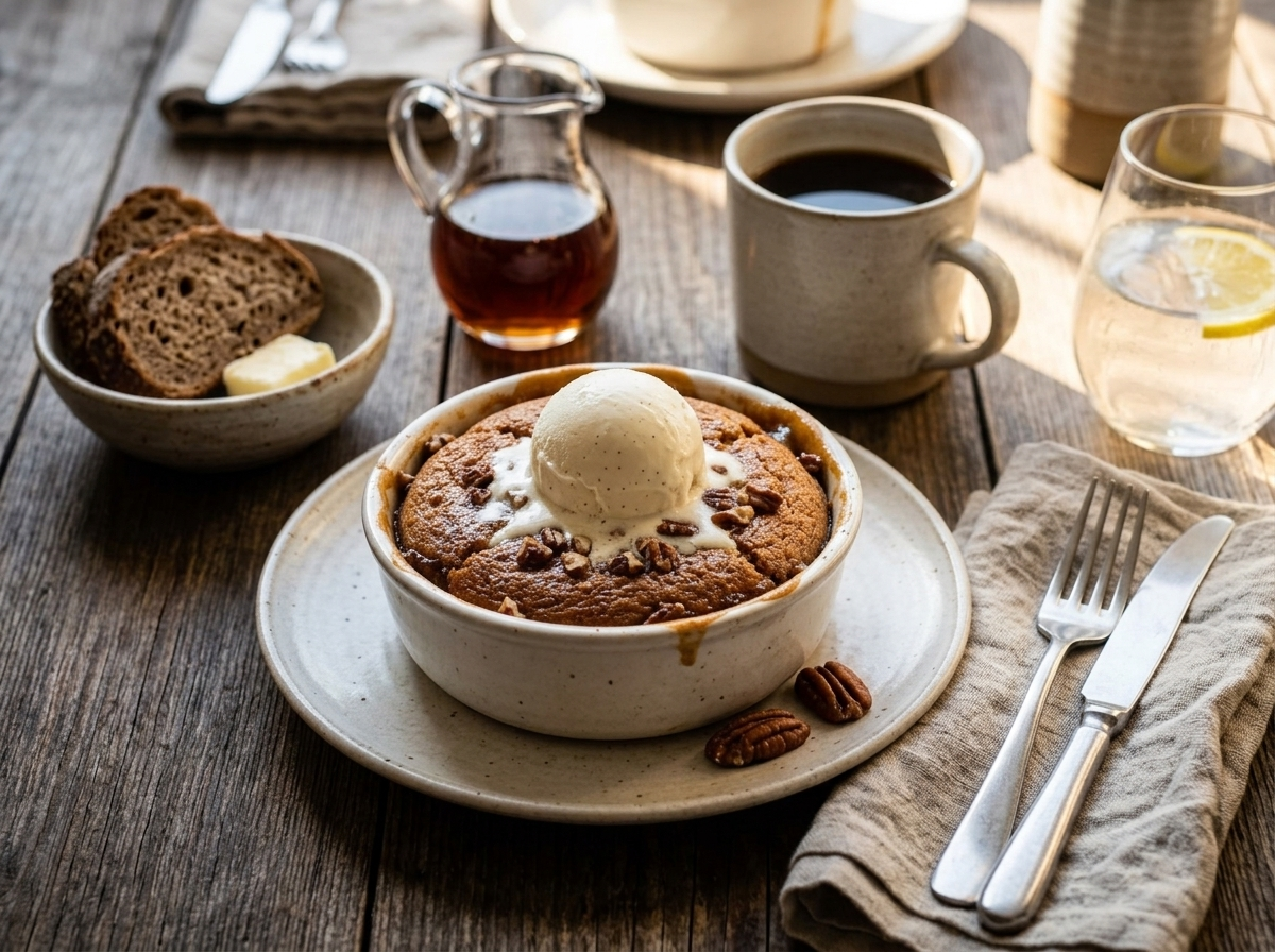 Bowl of warm brown sugar maple pudding topped with melting vanilla ice cream next to a mug of coffee