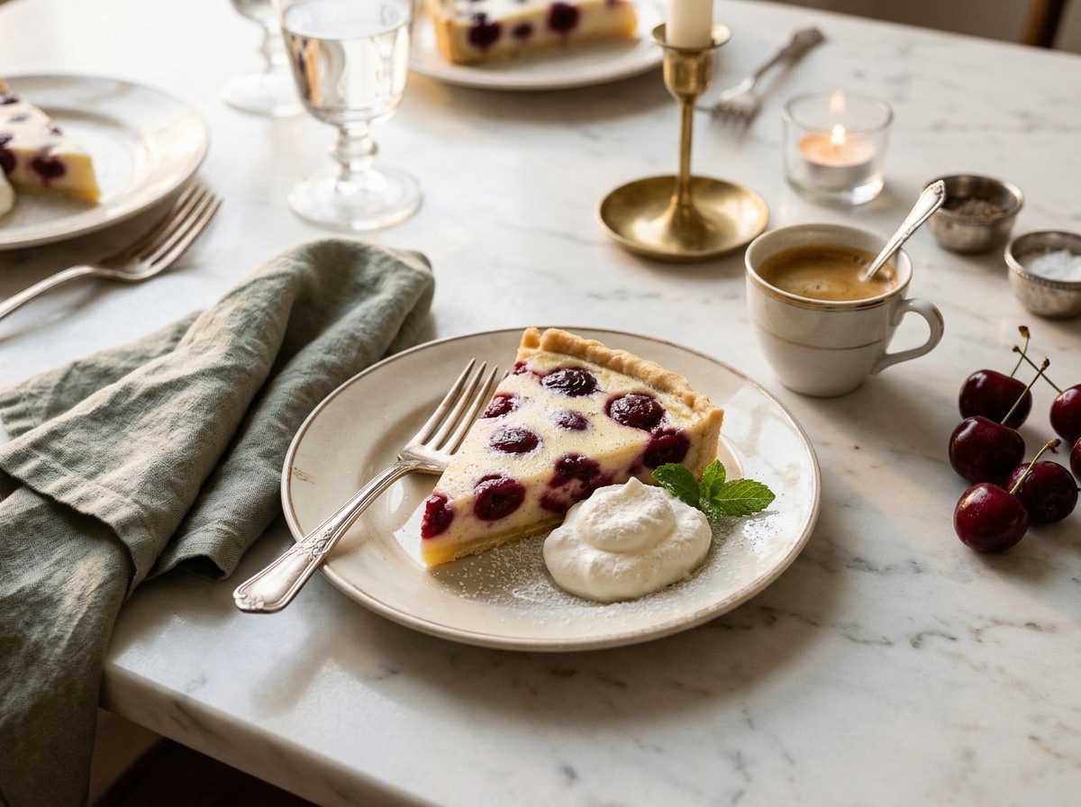 Plated slice of cherry vanilla custard tart with whipped cream and espresso on a marble table