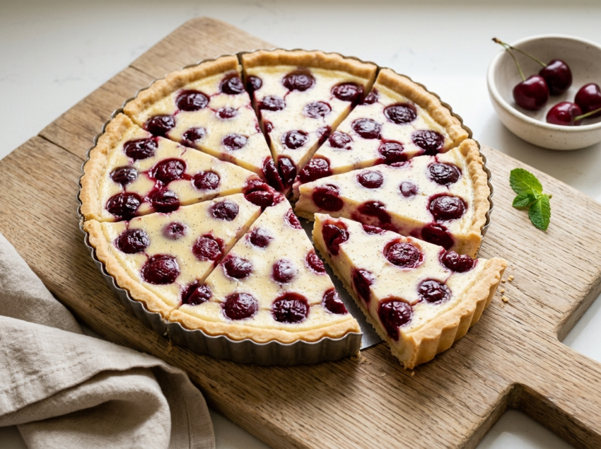 Sliced cherry vanilla custard tart on a wooden board showing golden crust, pale custard, and dark red cherries