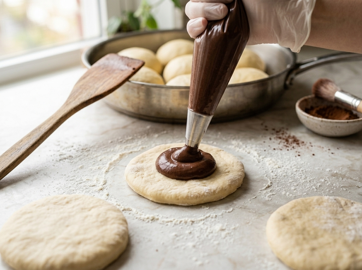 Piping chocolate pastry cream filling onto soft enriched dough before sealing and baking chocolate cream filled buns