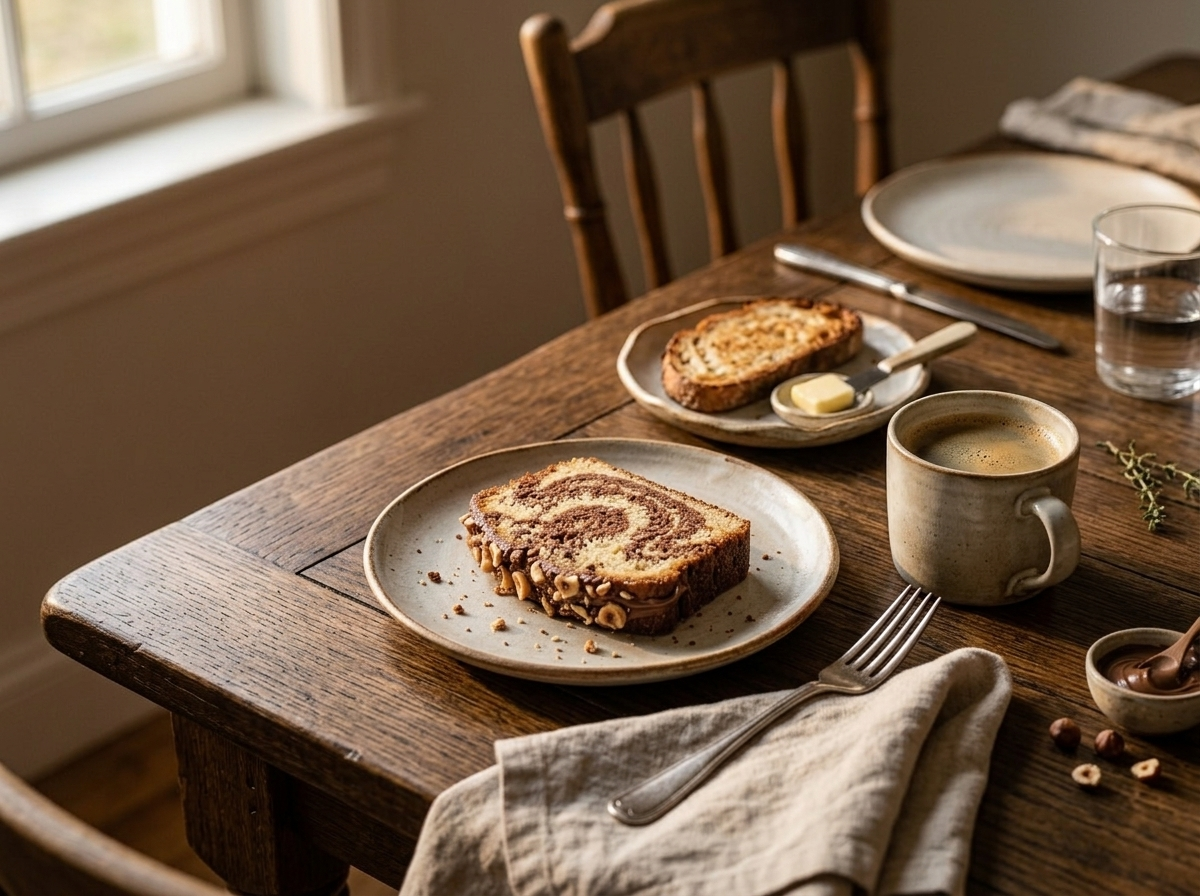 Plated slice of chocolate hazelnut marble loaf served with coffee on a linen napkin