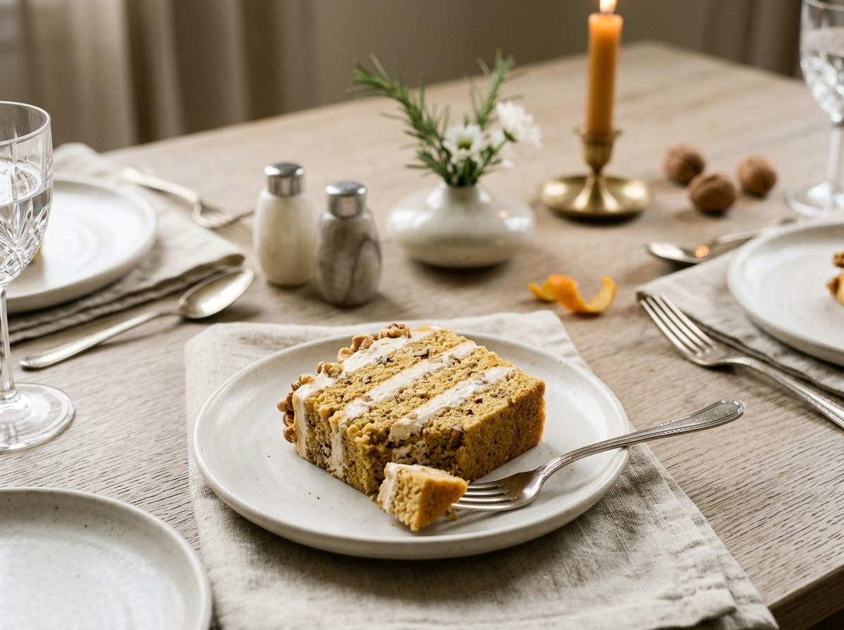 Soft Honey Walnut Sponge Cake with Whipped Cream Layers serving shot