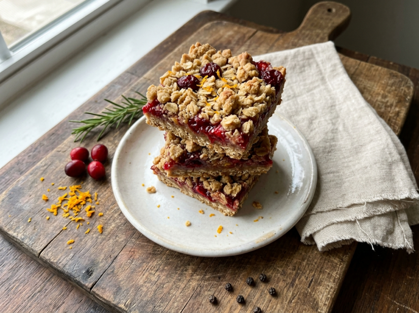 Stacked cranberry orange oat bars with golden crumble top and glossy cranberry filling on a wooden board