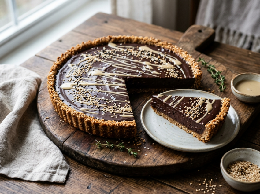 Sliced chocolate tahini tart with glossy ganache filling, tahini drizzle, and sesame seeds on a wooden board