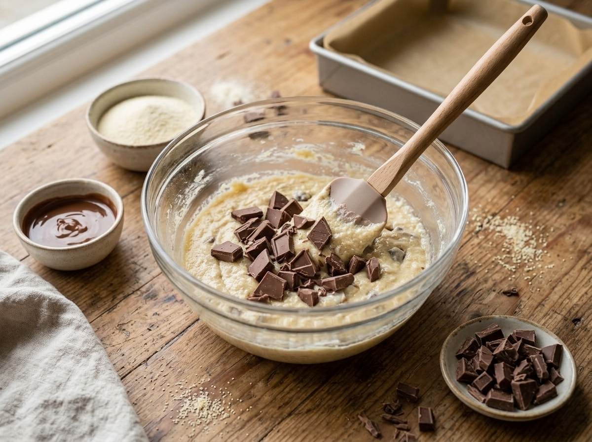 Folding chopped milk chocolate into semolina batter in a glass bowl before baking