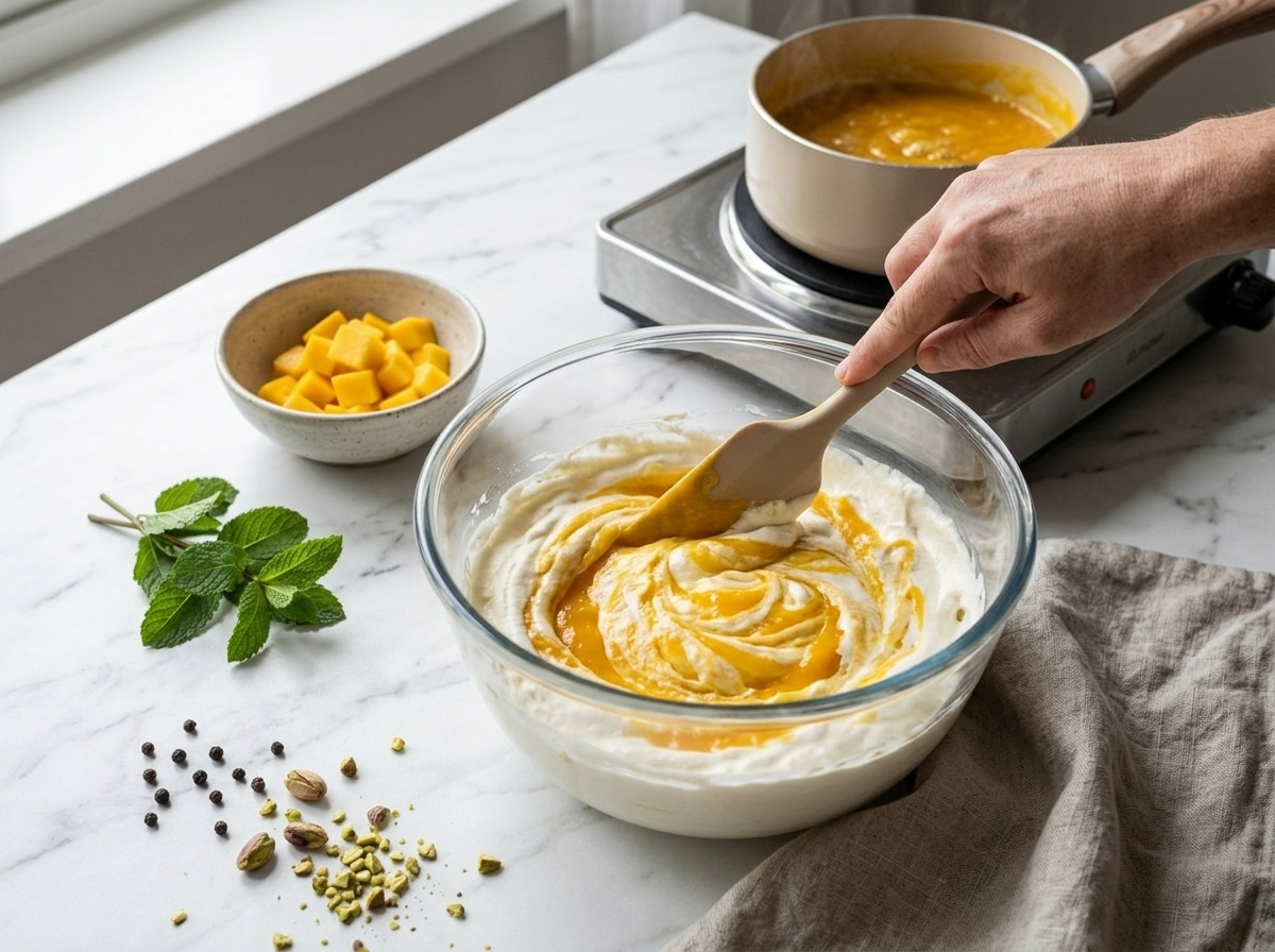 Folding mango puree into whipped cream in a glass bowl to make mango cream for the sponge dessert