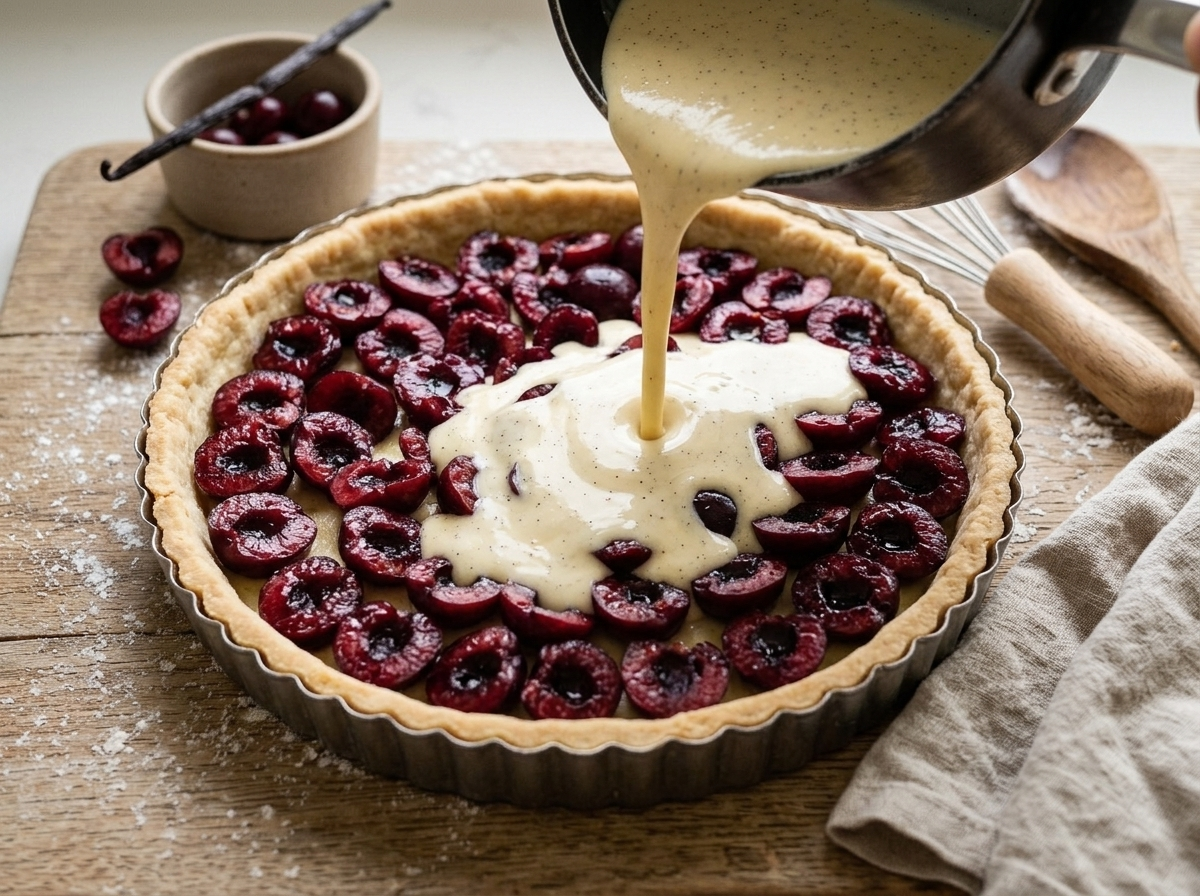 Pouring vanilla custard over fresh halved cherries in a par-baked tart shell on a floured wooden surface