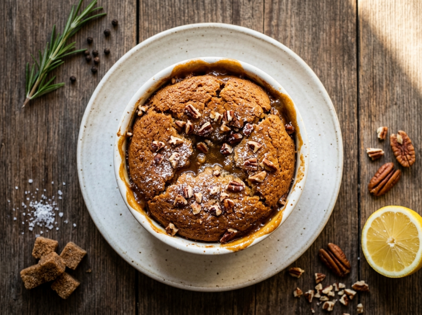 Baked brown sugar maple pudding in a white dish with cracked golden top revealing dark caramel sauce underneath
