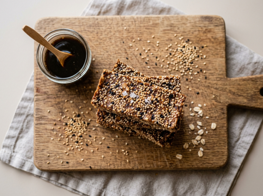 Stacked date syrup sesame bars on a wooden board with toasted sesame seeds scattered around and a jar of date syrup
